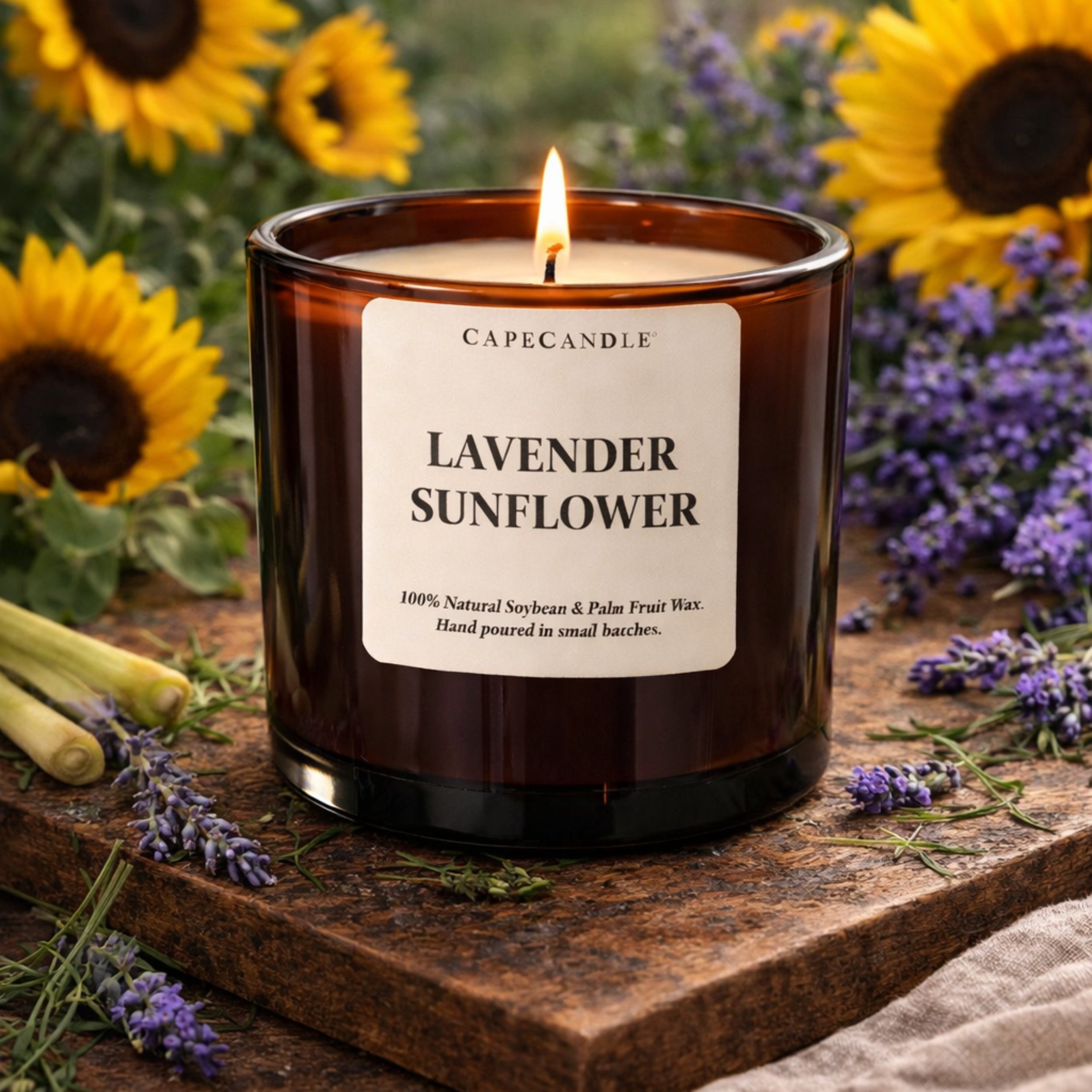 Amber jar container candle with lavender and sunflowers